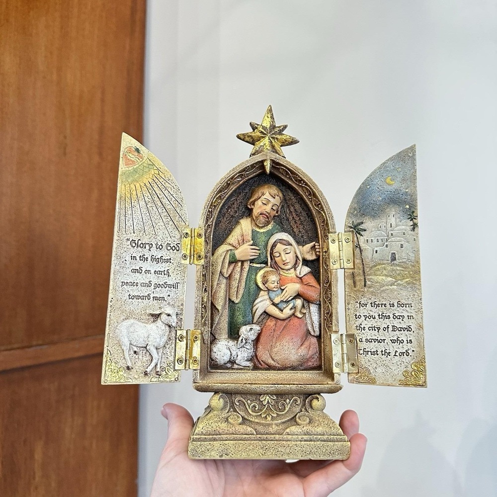 VTG Hinged Triptych‎ Nativity Holy Family Nativity Hinged Christmas Jesus 10"